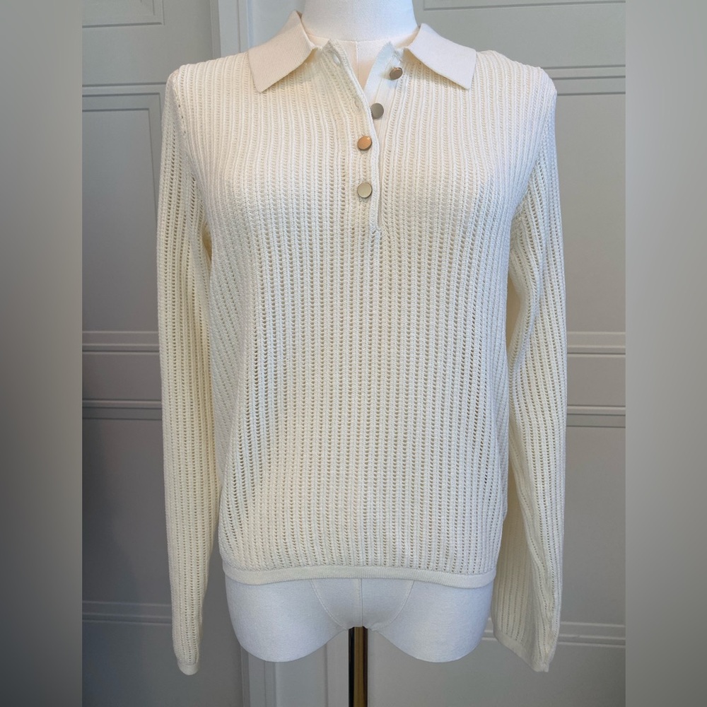 rag & bone Cream Open Knit Polo Style Summer Sweater Medium Cotton Blend NWT - Picture 6 of 12